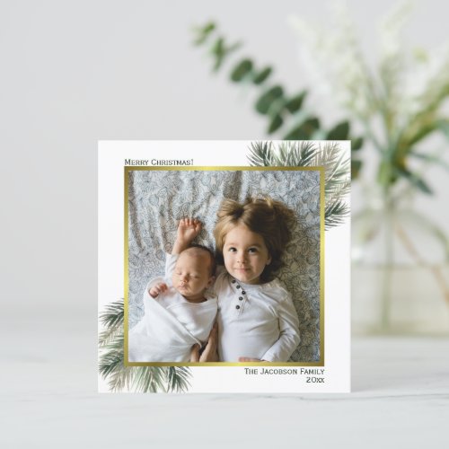 Merry Christmas Watercolor Pine Sage  Gold Photo Holiday Card