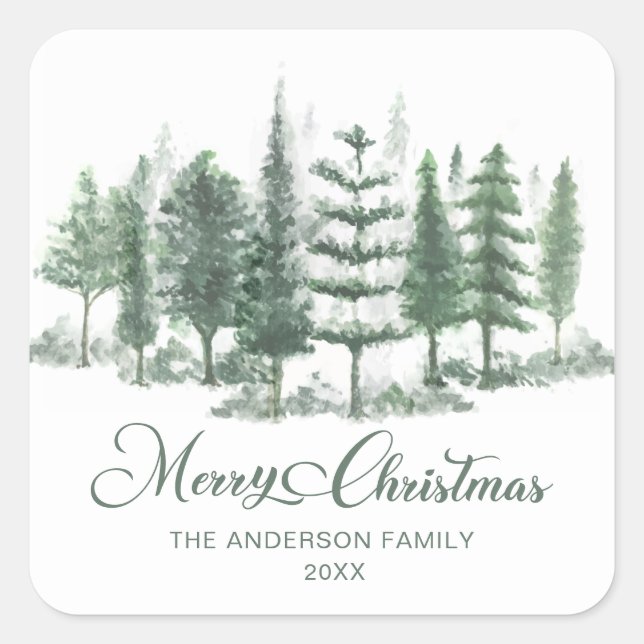Merry Christmas Watercolor Pine tree forest Square Sticker (Front)