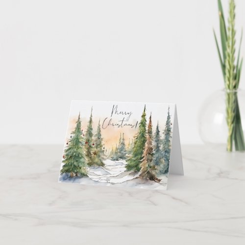 Merry Christmas Watercolor Pine Trees  Holiday Card