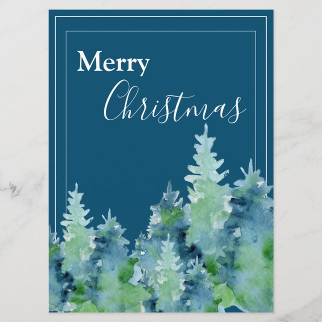 Merry Christmas Watercolor Pine Trees Holiday Card (Front)