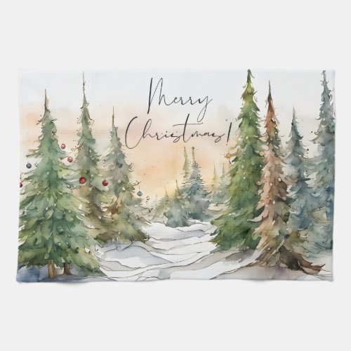 Merry Christmas Watercolor Pine Trees Kitchen Towel