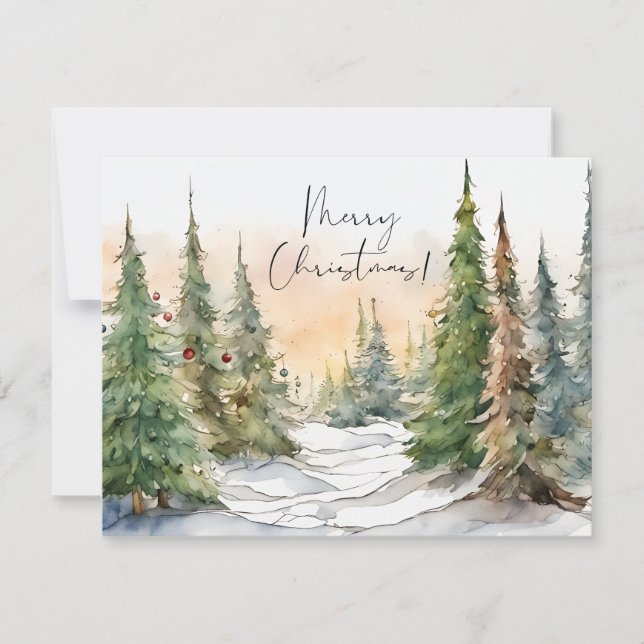 Merry Christmas Watercolor Pine Trees Note Card (Front)