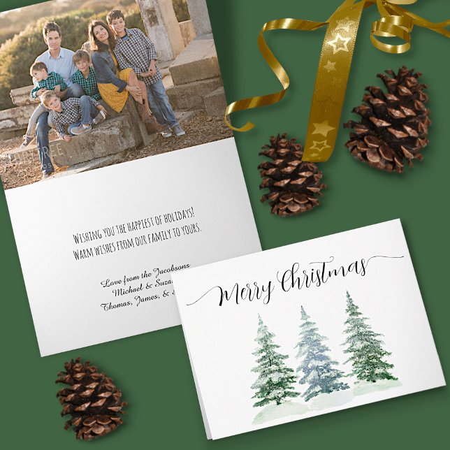 Merry Christmas Watercolor Pine Trees Photo Inside Holiday Card (In Situ with Decorations)