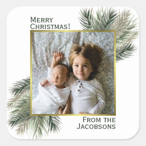 Merry Christmas Watercolor Pine with Photo Square Sticker