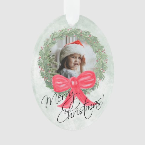 Merry Christmas Watercolor Pine Wreath Photo Frame Ornament