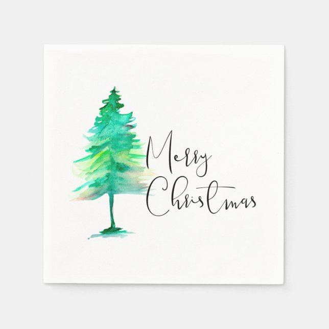 Merry Christmas, Watercolor-pinetree green strokes Paper Napkins (Front)