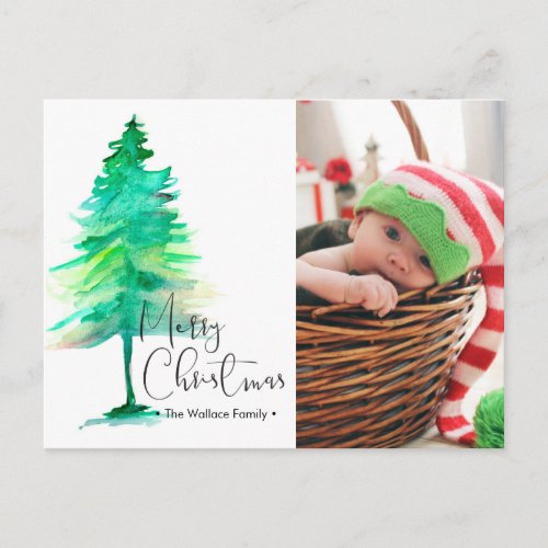Merry Christmas Watercolor Pinetree Photo Holiday Postcard