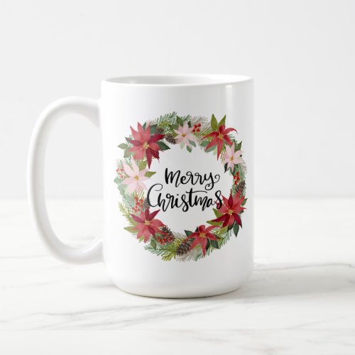 Merry Christmas  Watercolor Poinsettia Wreath  Coffee Mug