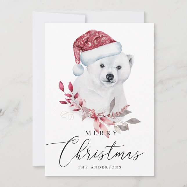 Merry Christmas. Watercolor polar bear. Animal Holiday Card (Front)
