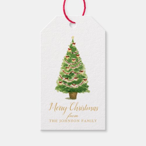 Merry Christmas Watercolor Potted Tree with Bows Gift Tags