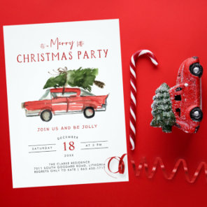 Merry Christmas | Watercolor Red Car Holiday Party Invitation