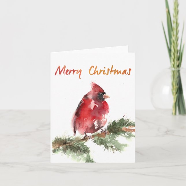 merry christmas watercolor red cardinal holiday card (Front)