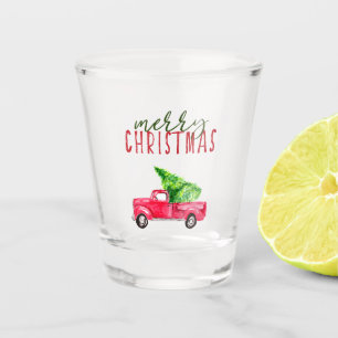 Merry Christmas Watercolor Red Pickup Truck Tree Shot Glass