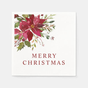 Merry Christmas Watercolor Red Poinsettias Napkins