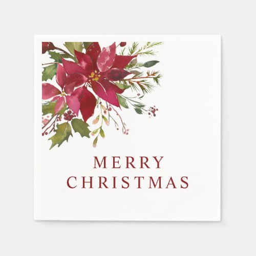 Merry Christmas Watercolor Red Poinsettias Napkins