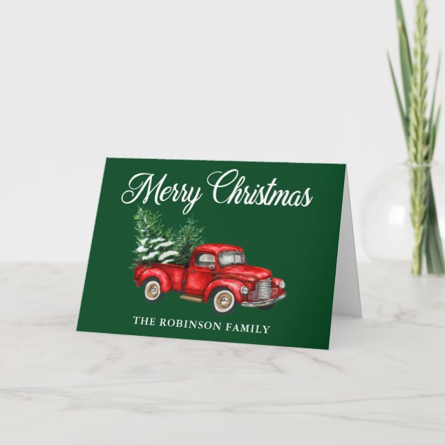 Merry Christmas Watercolor Red Truck Green Fold Card (Front)
