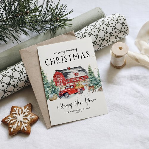 Merry Christmas  Watercolor Red Truck Holiday