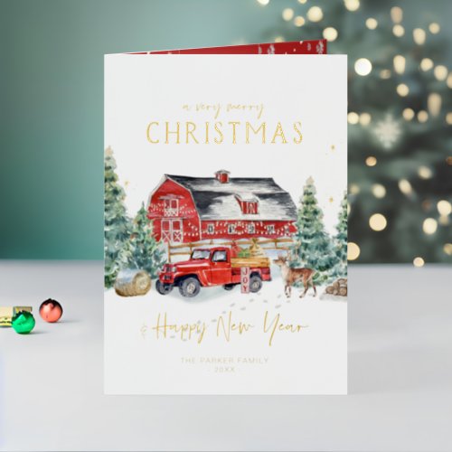 Merry Christmas  Watercolor Red Truck Holiday