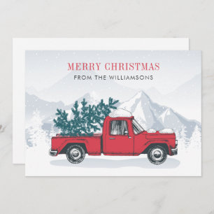 Merry Christmas Watercolor Red Truck Holiday Card