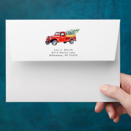 Merry Christmas  Watercolor Red Truck Holiday Envelope