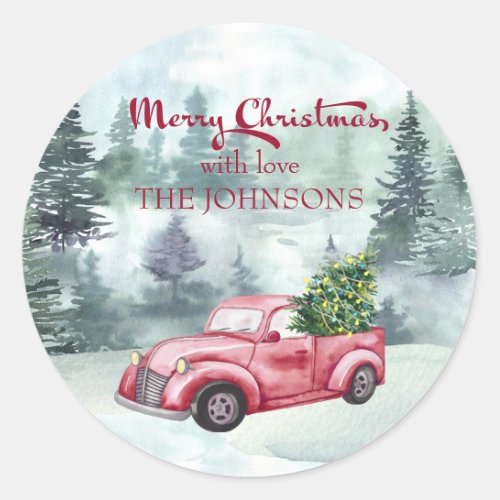 Merry Christmas Watercolor Red Truck in Forest Classic Round Sticker