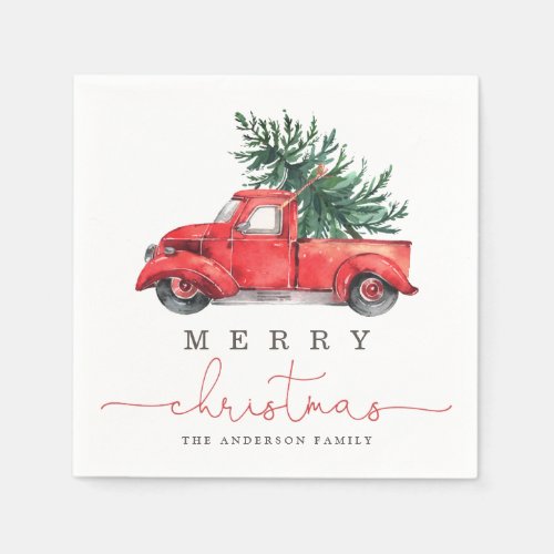 Merry Christmas  Watercolor Red Truck  Pine Tree Napkins