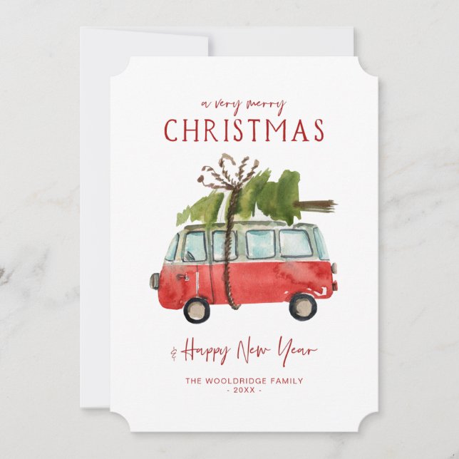 Merry Christmas | Watercolor Red Van Holiday Card (Front)