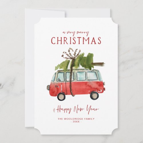 Merry Christmas  Watercolor Red Van Holiday Card