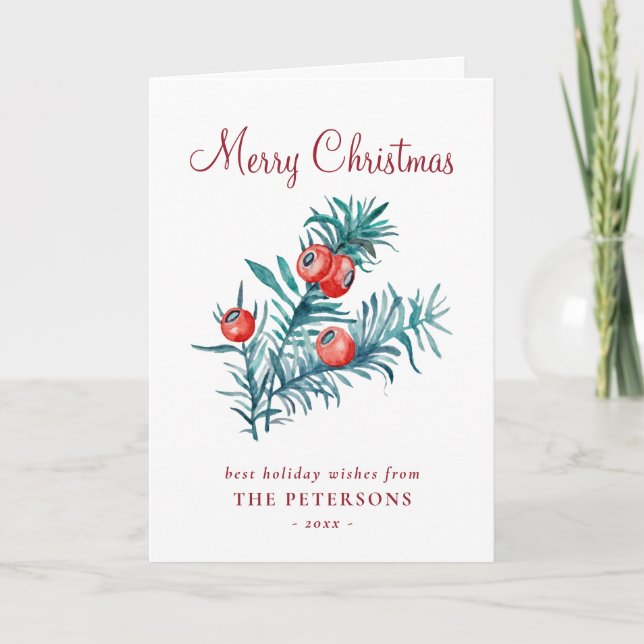 Merry Christmas Watercolor Red Yew Berries Card (Front)