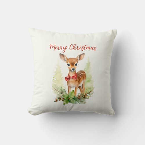 Merry Christmas Watercolor Reindeer Throw Pillow