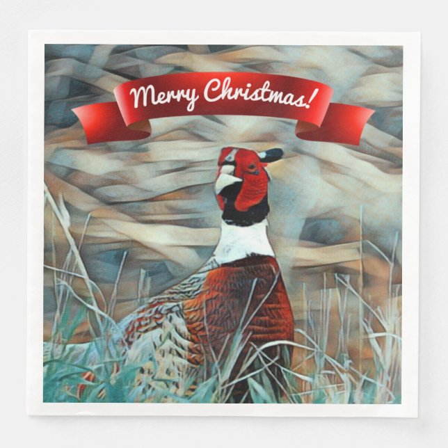 Merry Christmas Watercolor Ring-neck Pheasant Paper Dinner Napkins (Front)