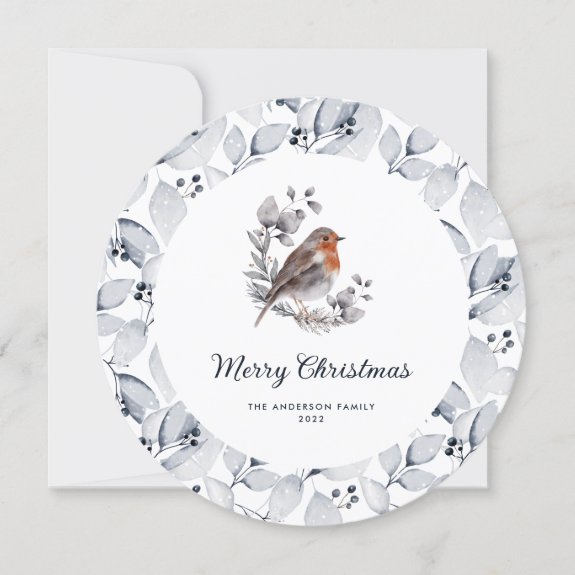 Merry Christmas Watercolor Robin Bird Winter Card