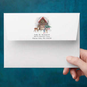 Merry Christmas Watercolor Rustic Cabin Holiday Envelope