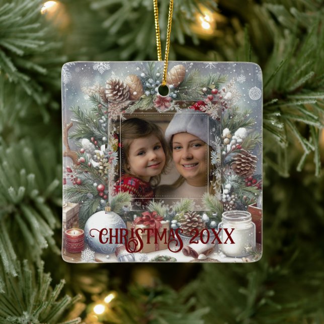 Merry Christmas Watercolor Rustic Photo  Ceramic Ornament (Tree)