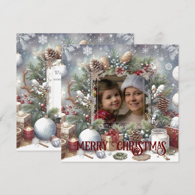 Merry Christmas Watercolor Rustic Photo  Holiday Card (Front/Back)