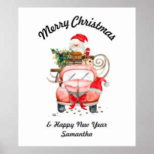Merry Christmas Watercolor Santa car gift Poster