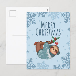 Merry Christmas Watercolor Sloth and Snowflakes Holiday Postcard