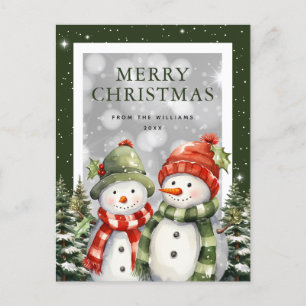 Merry Christmas Watercolor Snowman Holiday Postcard
