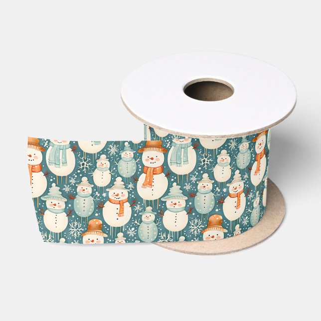 Merry Christmas  | Watercolor Snowmen Christmas Satin Ribbon (Spool)