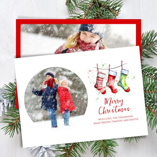 Merry Christmas Watercolor Stockings 2 Photo Holiday Card