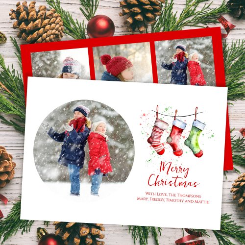 Merry Christmas Watercolor Stockings Photo Collage Holiday Card