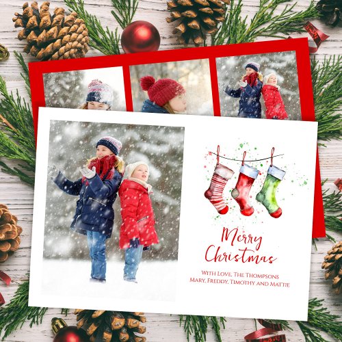 Merry Christmas Watercolor Stockings Photo Collage Holiday Card