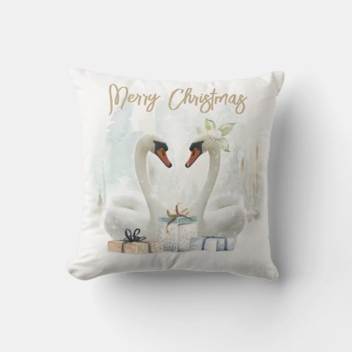 Merry Christmas Watercolor Swans Throw Pillow