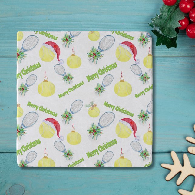 Merry Christmas Watercolor Tennis Racket And Balls Trivet (Creator Uploaded)