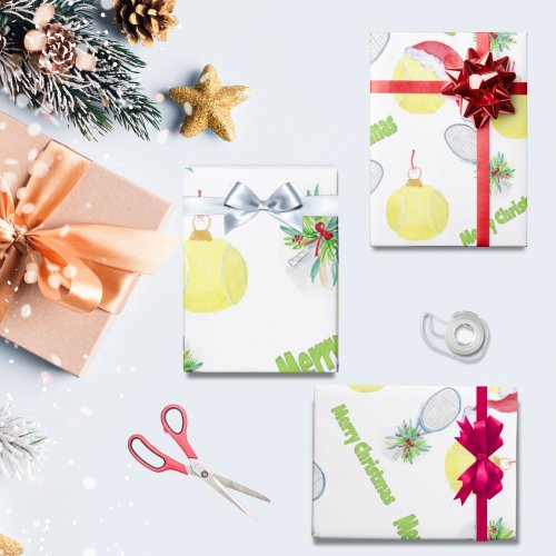 Merry Christmas Watercolor Tennis Racket And Balls Wrapping Paper
