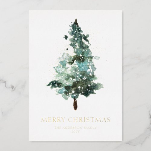 Merry Christmas Watercolor Tree Foil Holiday Card