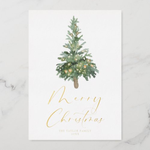 Merry Christmas Watercolor Tree Gold Foil Boho Foil Holiday Card