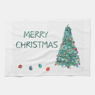 Merry Christmas Watercolor Tree Kitchen Towel