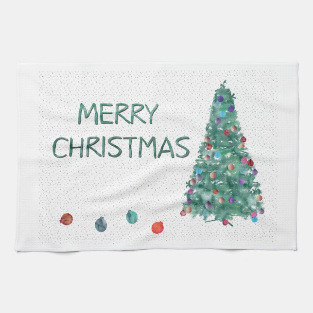 Merry Christmas Watercolor Tree Kitchen Towel (Horizontal)