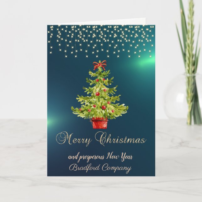 Merry Christmas,Watercolor  Tree, Lights  Company Holiday Card (Front)